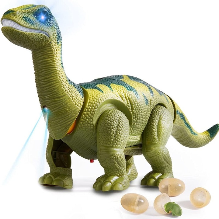 Jucarie Dinozaur Interactiv pentru Copii, Miscari Realiste, Proectie Imagine, Sunete si Lumini, Eclozare, pentru Baieti si Fete 3-8 ani, 3 Oua cu Figurine de Dinozaur Incluse, 39 x 11 x 20 cm, Verde