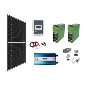 Sistem Off-Grid cu Invertor Sinus Pur 7000W, 740W pe 24V, Cu baterii, Panou solar 765 x 1048 x 35 mm, Controler MPPT