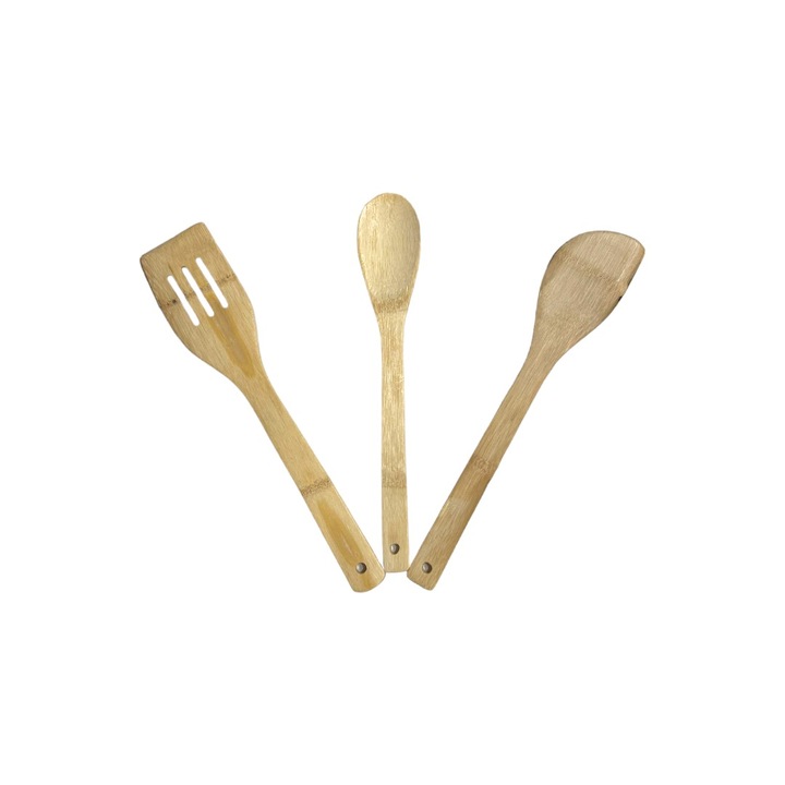 Set 3 ustensile pentru bucatarie, material lemn de bambus, ecologice, dimensiune 30 cm