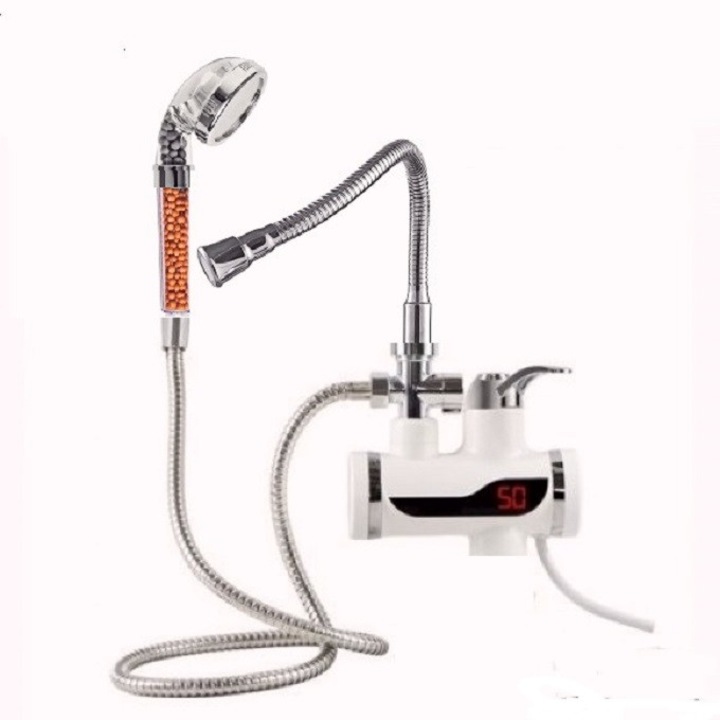 Проточен Нагревател за вода, Мощност 3000W, Със смесителна батерия, С душ слушалка и гъвкав чучур, LED дисплей, вертикален монтаж