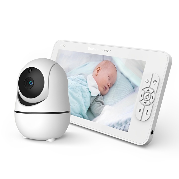 Baby Monitor ShineBaby IdealStore, Ecran HD de 7 inch, Monitorizare temperatura, Rotire Verticala si Orizontala, Vedere de inalta calitate pe timpul noptii, Cantece de leagan, Raza mare de actiune pana la 300m, Zoom 4X, Comunicare intre cele 2 dispozitive