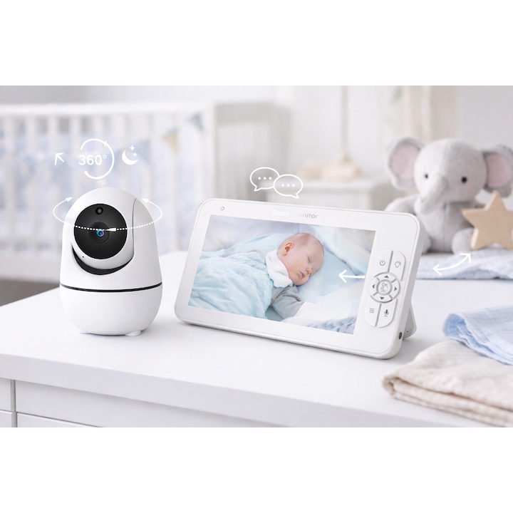 Baby Monitor ShineBaby IdealStore, Ecran HD de 7 inch, Monitorizare temperatura, Rotire Verticala si Orizontala, Vedere de inalta calitate pe timpul noptii, Cantece de leagan, Raza mare de actiune pana la 300m, Zoom 4X, Comunicare intre cele 2 dispozitive