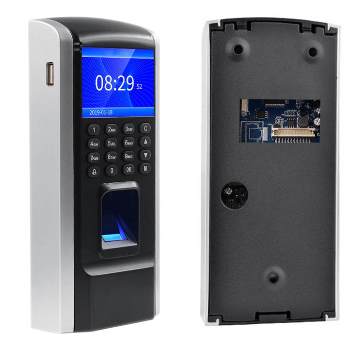 Inregistrator de pontaj si prezenta, verificare amprenta digitala, parola, card RFID 125 kHz, ecran TFT LCD de 2,4 inch, baza pana la 1000 de angajati, conexiuni USB, intrare/iesire Wiegand WG26/WG34, dimensiuni 192 x 85 x 37 mm, negru, HDWR, CTR12