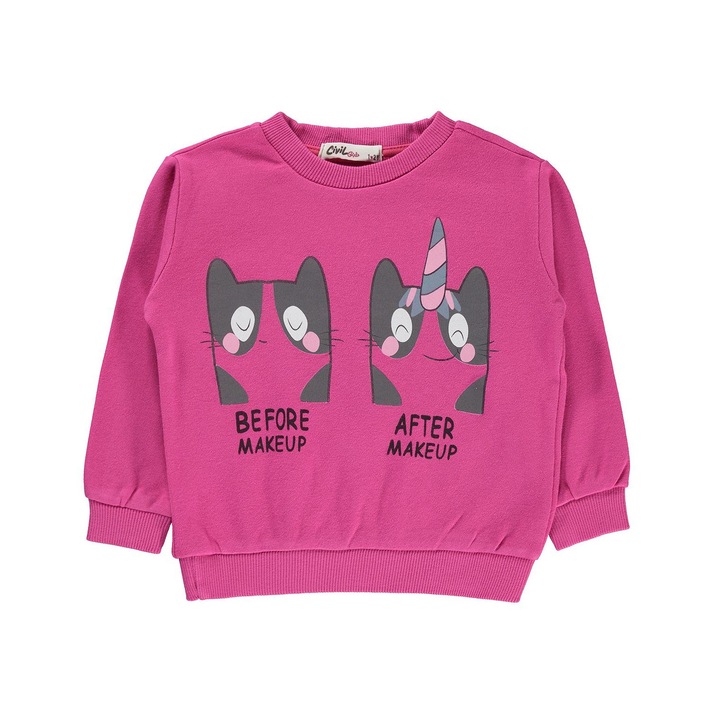 Bluza KITTY MAKEUP uni pentru copii/fetite, ERAKIDS, maneca lunga, imprimeu "Pisicute", 100% bumbac premium, Roz