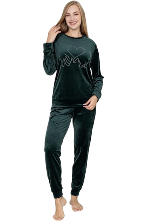 Дамска пижама, StarFashion, блуза с дълъг ръкав и дълъг панталон, кадифе, Зелен