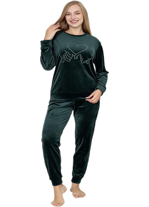 Pijama dama catifea, StarFashion, bluza cu maneca lunga, Verde