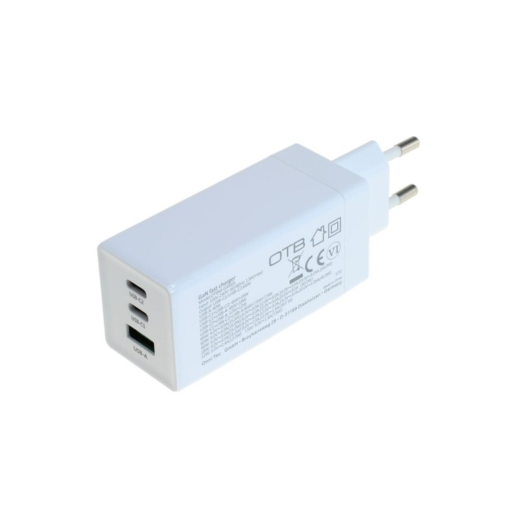 USB OTB töltő gan 2xusb-c és 1xusb-a usb tápellátással usb-pd 3 port 65w fehér