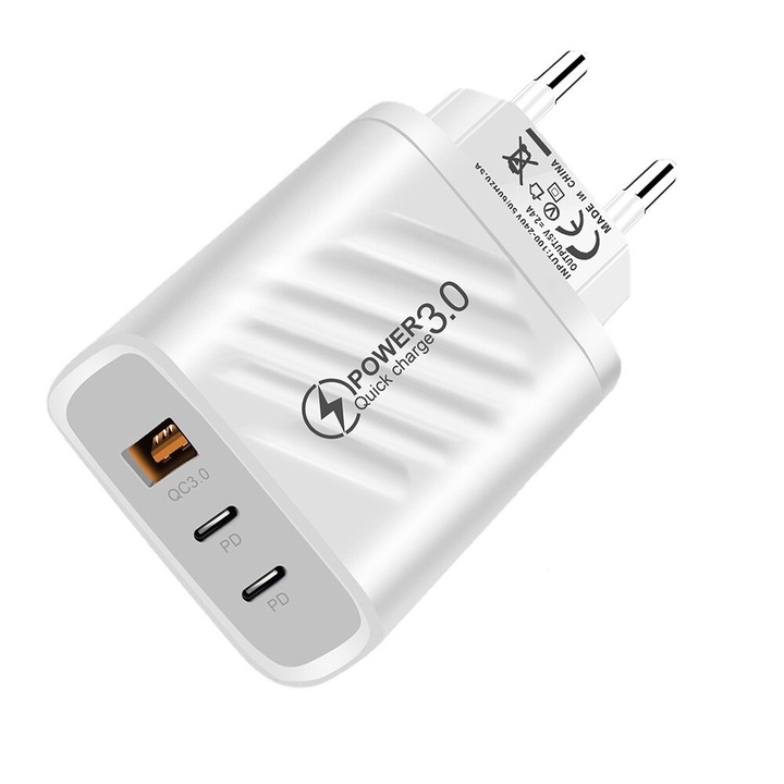 Incarcator Retea, 3 Porturi, 20W Fast Charge, 1 x USB, 2 x Type-C, Alb