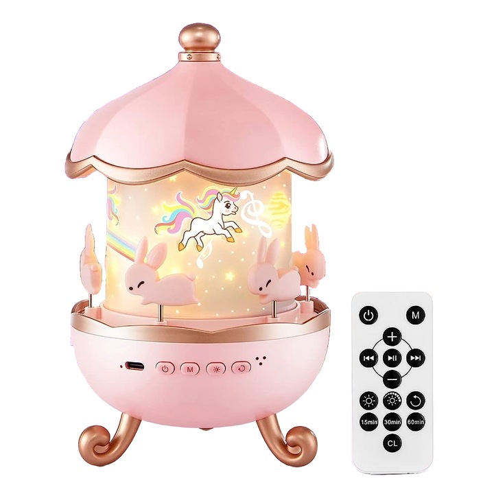 Proiector de stele LED, lampa de noapte cu acumulator 1200 mAh incorporat, cu 6 proiectii diferite, difuzor, telecomanda, functie muzicala cu 8 cantece, temporizator, proiectie 360°, roz