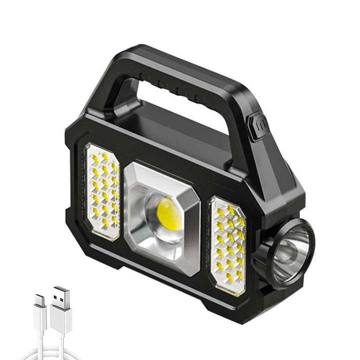 VIELLAN multifunkciós LED zseblámpa, 18650 Li akkumulátor, USB töltés / napelemes töltés, külső akkumulátor funkcióval, 6 fénymód, ABS, fekete