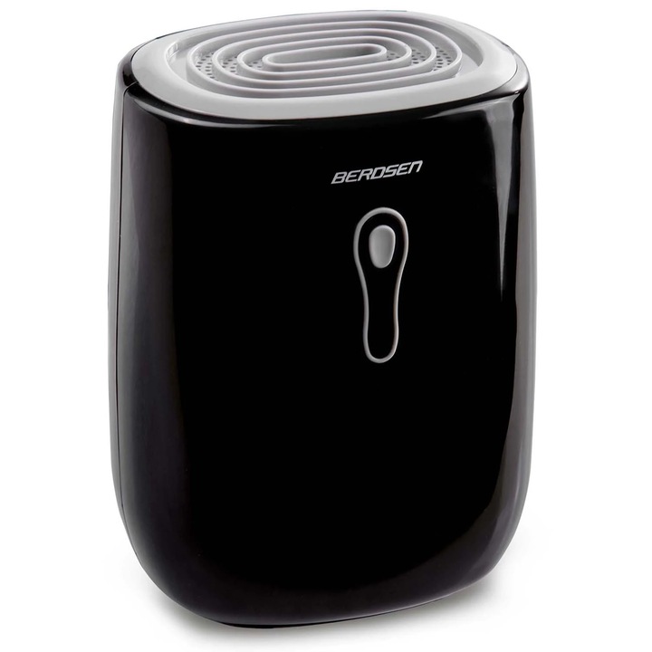 Dezumidificator Berdsen, rezervor detasabil 800 ml, alimentare 220 - 240 V, capacitate mare 300 ml/ 24h, 34 dB, 22,5W, mod Peltier termoelectric, negru si gri