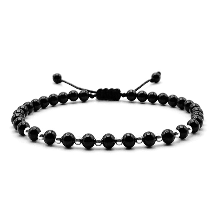 Bratara cu bile din Argint 925 si pietre naturale Onix, snur reglabil