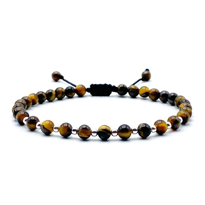 Bratara cu bile din Argint 925 si pietre naturale Ochi de Tigru, snur reglabil