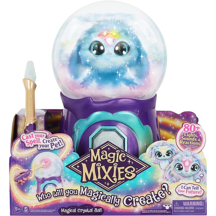 Jucarie interactiva de plus Magic Mixies, Magical Misting Crystal Ball, albastru, plus cu 80 de sunete si reactii, 20 cm
