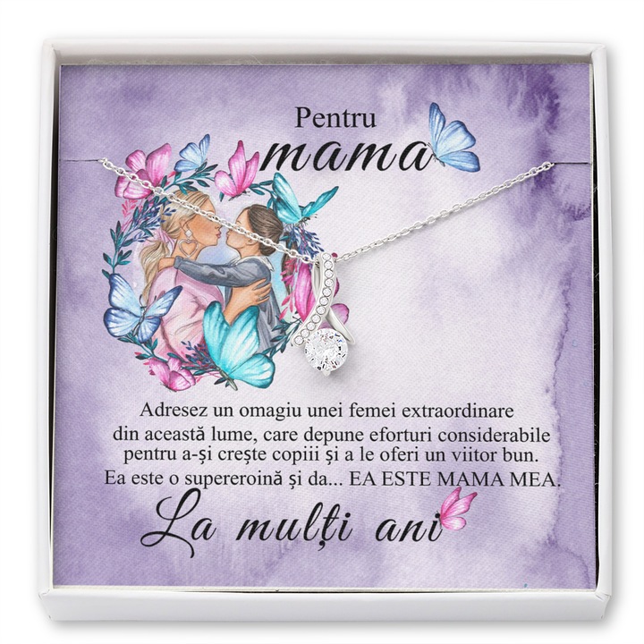 Set Colier Argint 925 Cu Pandant Tempting Beauty Placat Cu Aur Alb 14K, JOYSTOS, Si Card Foto Cu Mesaj Pentru Mama "Pentru Mama. Adresez un omagiu unei femei extraordinare din aceasta lume."