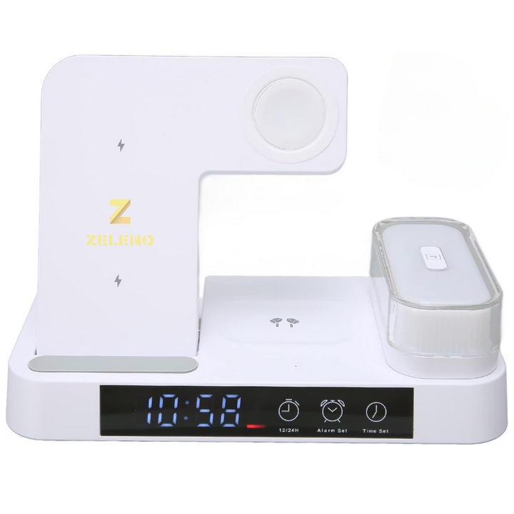 3 в 1 безжично зарядно, телефон-смарт часовник-слушалка, мултифункционален с регулируема RGB нощна светлина, цифров часовник и аларма, бързо зареждане 15W, универсална съвместимост, бял