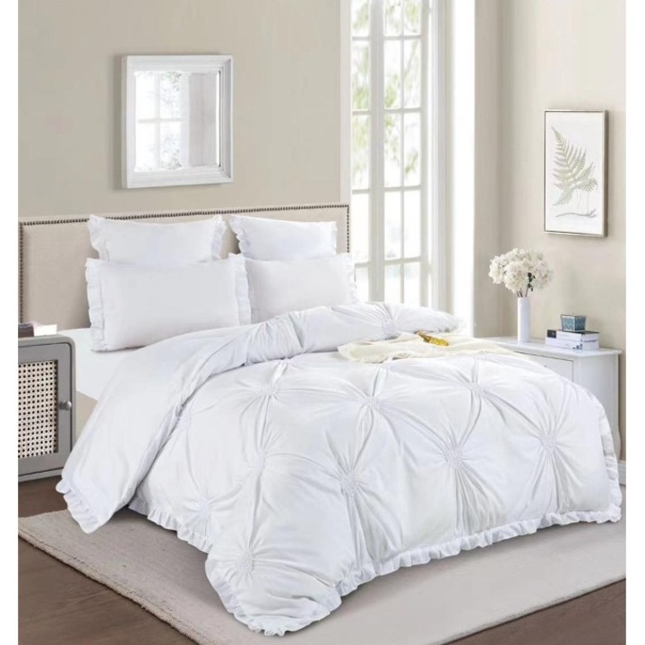 Двойно спално бельо, гладко, бродирани сърца, 6 части, фино, 180X200 см, бяло
