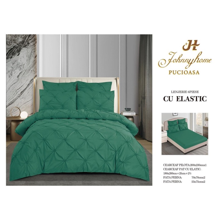 Lenjerie de pat dublu, Model Brodat, Finet, 6 piese, 2 persoane, Uni, 180x200cm, Verde