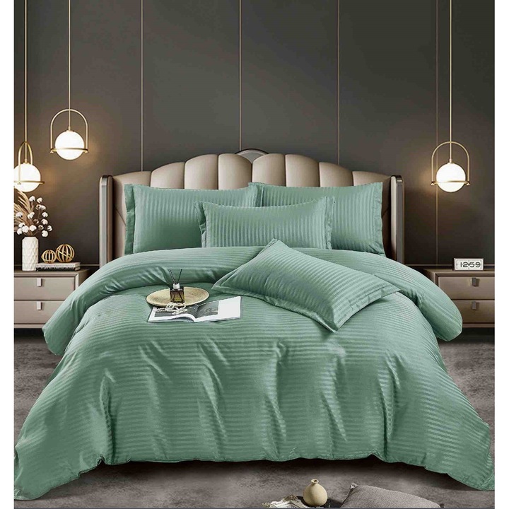 Двойно спално бельо, с ластик, Дамаска Deluxe Premium, 6 части, Светло зелено