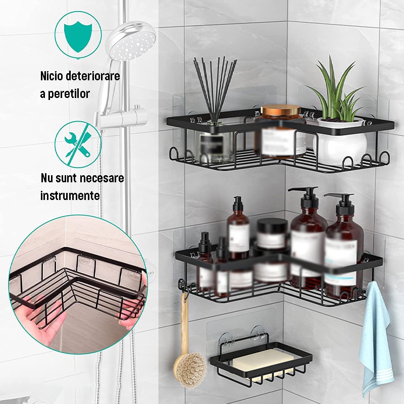 Set 3 rafturi baie, Vaxiuja, Otel inoxidabil, Negru - eMAG.ro