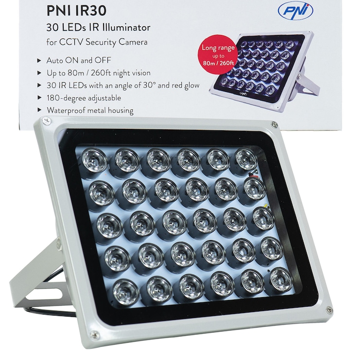 Reflector cu LED-uri infrarosu PNI IR30 pentru camere si sisteme CCTV, 30 leduri IR, distanta 80m, IP66