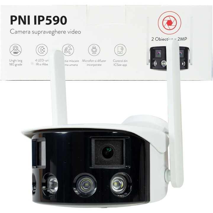 Camera supraveghere video PNI IP590, wireless, cu IP, Dual lens, 2 x 2MP, 180 grade, slot card micro SD