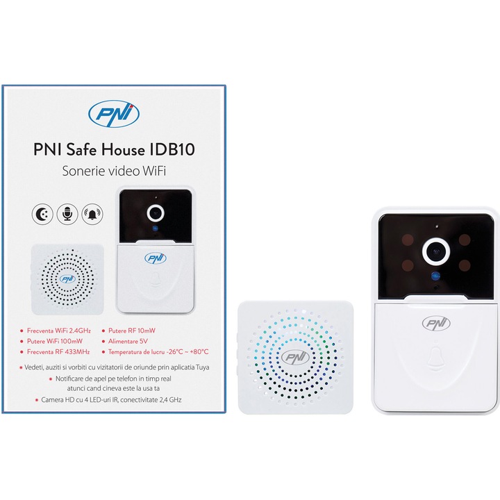 Видео звънец PNI Safe House IDB10, WiFi, Управление Tuya, Нощно виждане, Избор на тон за позвъняване, Контрол на звука