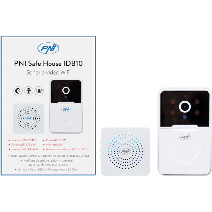 Видео звънец PNI Safe House IDB10, WiFi, Управление Tuya, Нощно виждане, Избор на тон за позвъняване, Контрол на звука