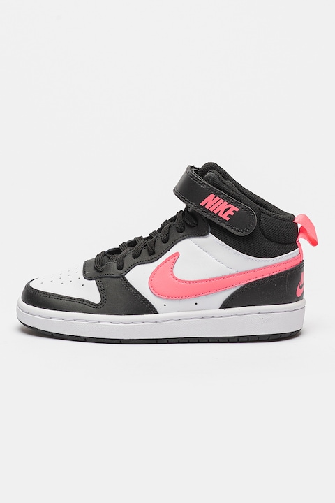 Nike, Pantofi sport mid-high cu insertii de piele Court Corough, Alb/Roz neon/Negru