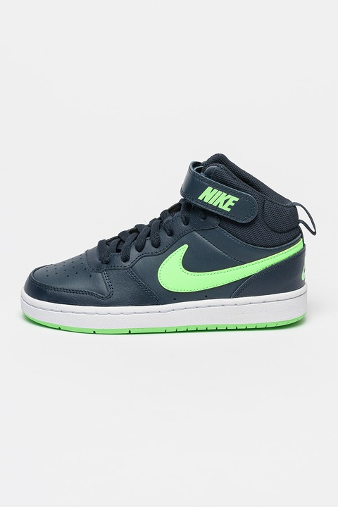Nike, Pantofi sport mid-high cu insertii de piele Court Corough, Verde neon/Bleumarin