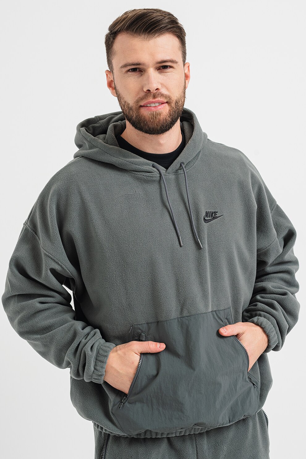 Nike, Hanorac cu buzunare cu fermoar Club+ Polar, Gri inchis, M