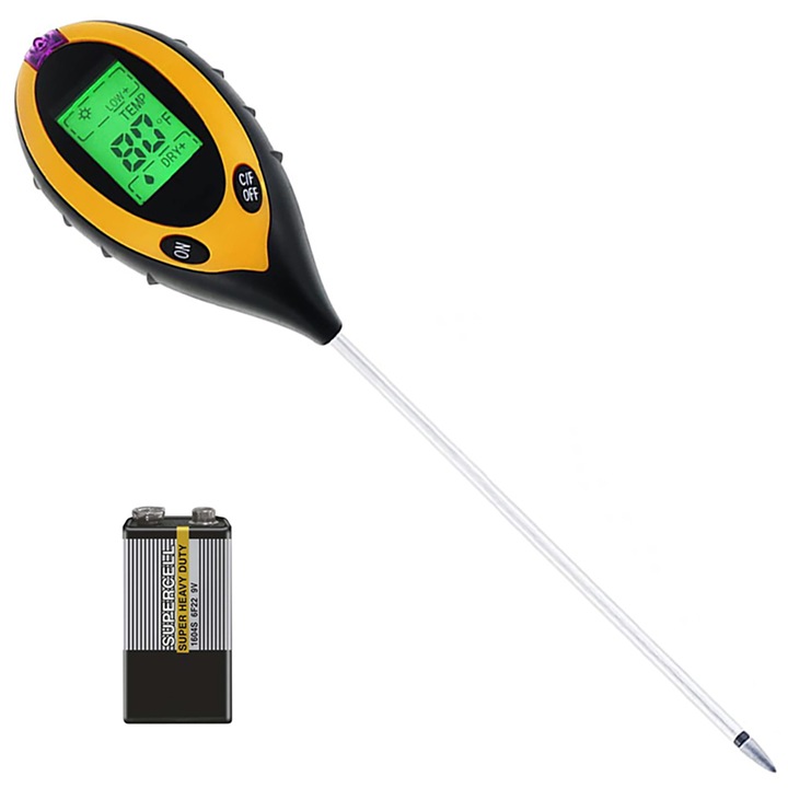 4 az 1-ben Logit talajvizsgáló, PH szint, páratartalom, hőmérséklet, LCD kijelző, fekete/sárga