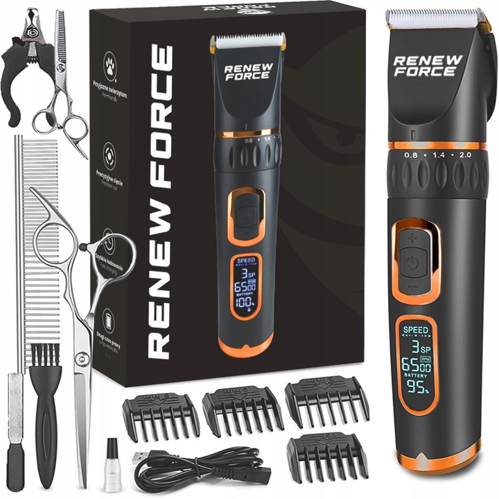 Set Masina de Tuns si ras parul si barba caini/pisici, Renew Force, Otel, 2 viteze, 6500rpm, Negru/Argintiu