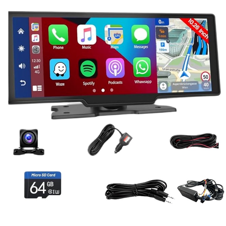 Navigatie Auto Multimedia YARCO®, DVR 10.26 inch, Camera dubla Reglabila - 2.5K/1080P (Dashcam), Split-screen, Ecran IPS HD full-touch Detasabil, CarPlay/AndroidAuto, BT, FM, AUX, MirrorCast + Microcard 64G + Cablu alimentare permanenta