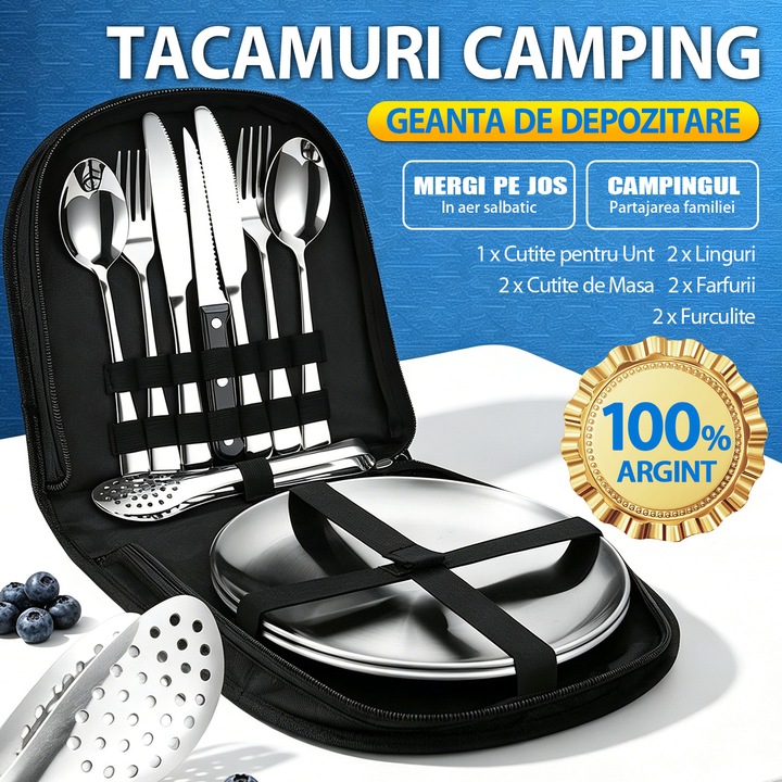 Set 10 Tacamuri Camping, BYONDSELF®, 2 x Cutite de Masa, 2 x Linguri, 2 x Furculite, 1 Cutite pentru Unt, 2 Farfurii, cu Geanta de Depozitare, Argint