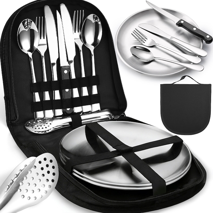 Set 10 Tacamuri Camping, BYONDSELF®, 2 x Cutite de Masa, 2 x Linguri, 2 x Furculite, 1 Cutite pentru Unt, 2 Farfurii, cu Geanta de Depozitare, Argint