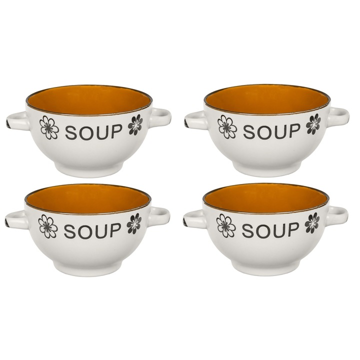 Set 4 boluri supa din ceramica, alb portocaliu, Soup, 650ml