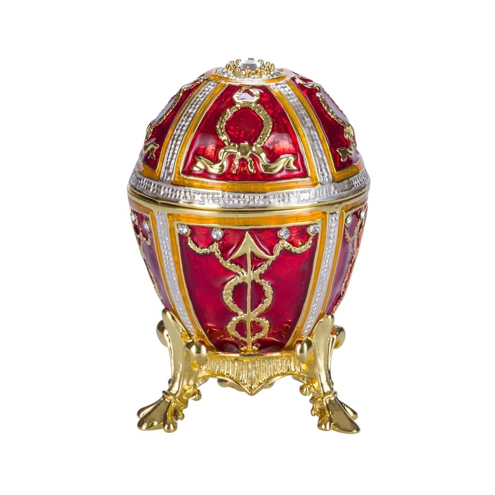 Ékszeres doboz, Fabergé stílusú tojás, rózsabimbó, 6 cm, piros