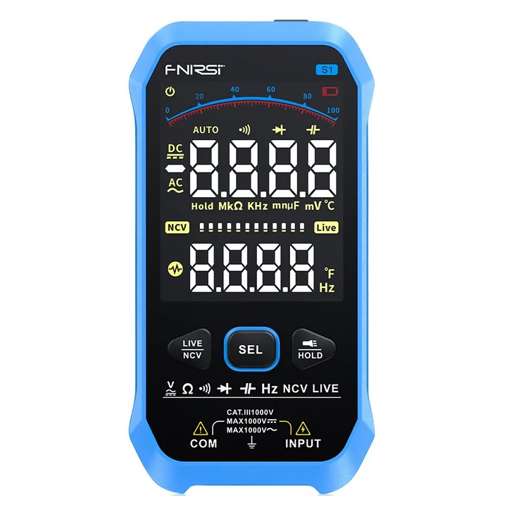 FNIRSI S1 цифров мултицет, измерва напрежение, ток, съпротивление, капацитет, температура, тест за непрекъснатост, преносим, прецизен, компактен