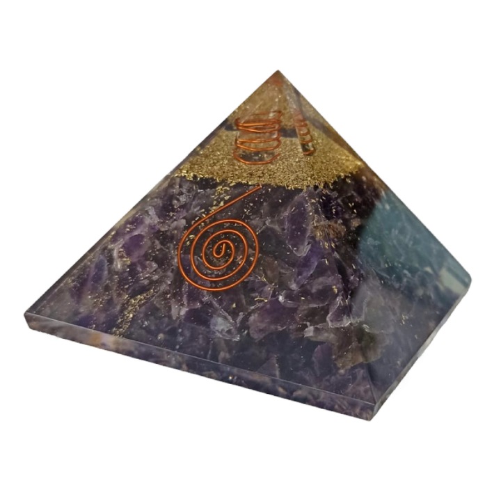 Ametiszt orgonikus piramis, Ezera, réz vibrációs spirállal és kvarc hegyével, 9 cm