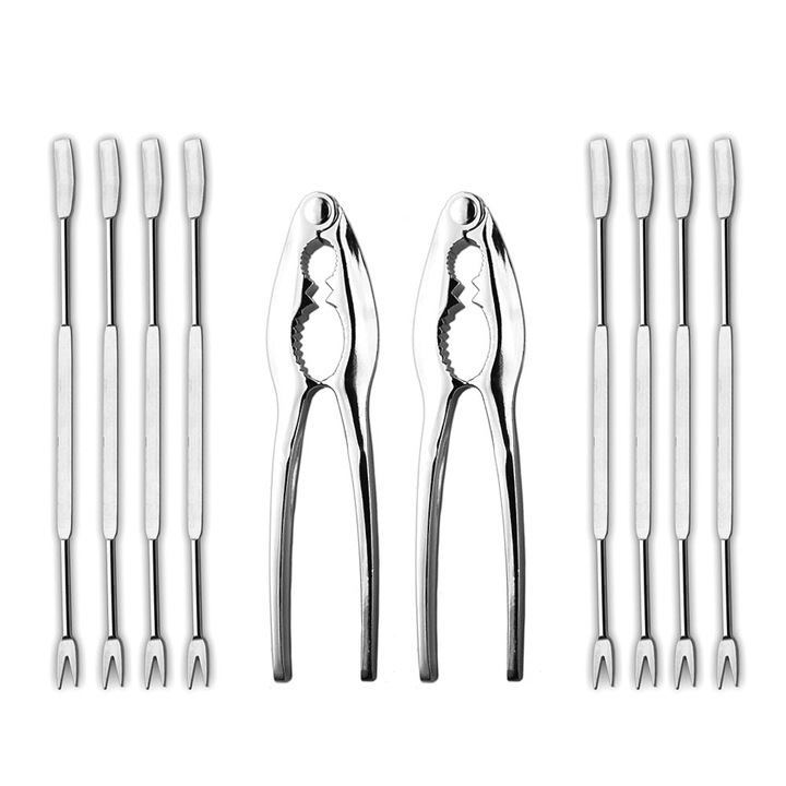Set 10 piese ustensile pentru fructe de mare, cu clesti si furculite, argintiu