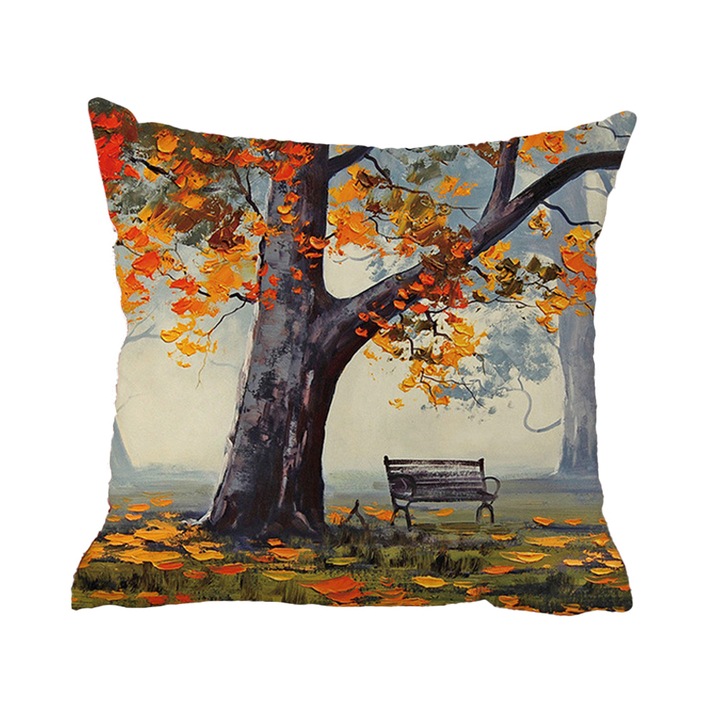 Fata de perna decorativa, peisaj toamna, multicolor, 45x45 cm