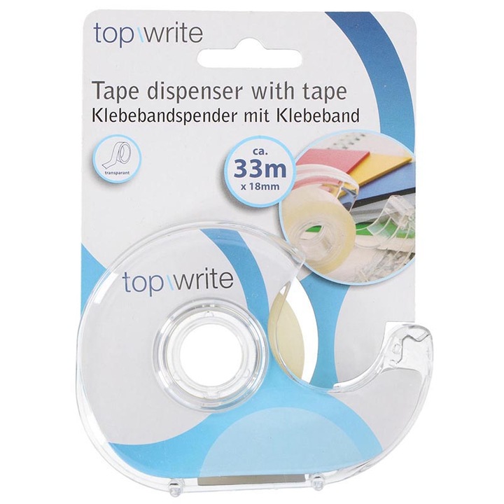 Set dispenser de birou si banda adeziva, Topwrite, 18 mm, 33 m, 51 g, Transparent