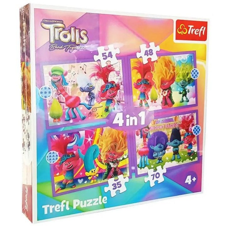Комплект от 4 пъзела Trolls, Trefl, Multicolor