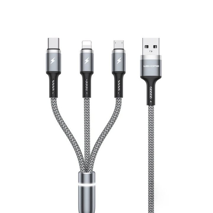 Cablu de date, Wekome, USB-A /Lightning/USB-C/Micro USB, 1.2m, Gri