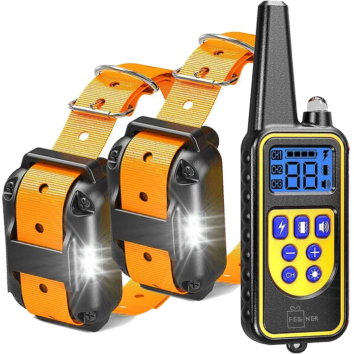 Professzionális elektromos nyakörv edzéshez, 2 kutyának, újratölthető, 800 m hatótáv, víz és porálló, gumi elektródák, kutyabőr védő, állítható kerület 21-68 cm, narancs
