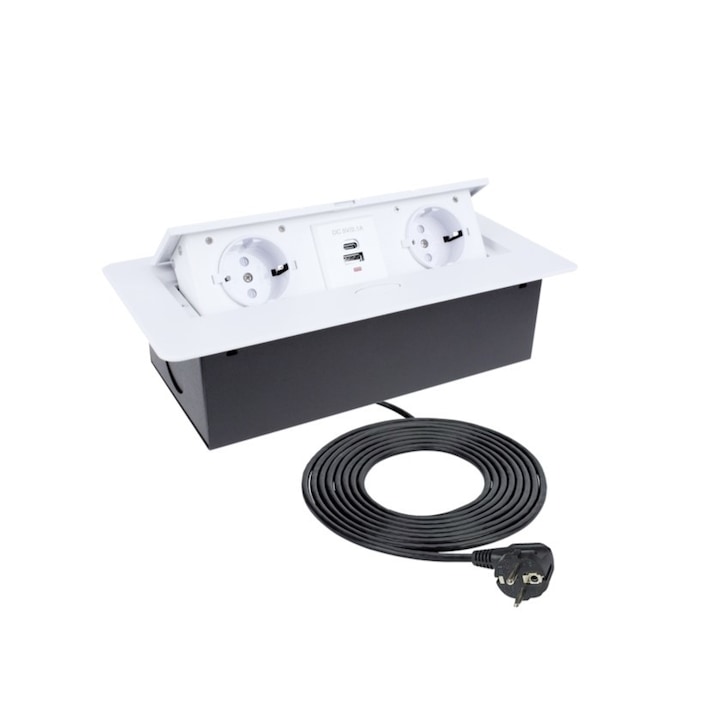 Priza incorporabila in blat dreptunghiulara Kombibox, finisaj alb, 2 prize Schuko, 1 port incarcare USB tip A, 1 port incarcare USB tip C, 266x133 cm