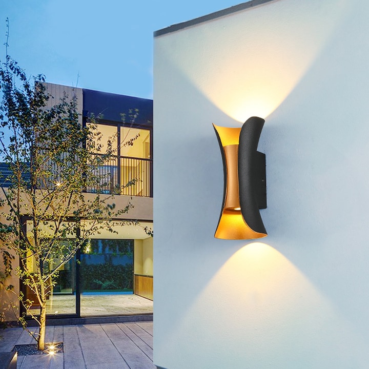 Aplica LED de interior si exterior, NUODWELL, Rezistenta la apa IP65,10W, Usor de instalat, Pentru dormitor, baie, coridor, scari, balcoane, Aluminiu/Sticla, 20x10x8.5cm, Negru/Auriu