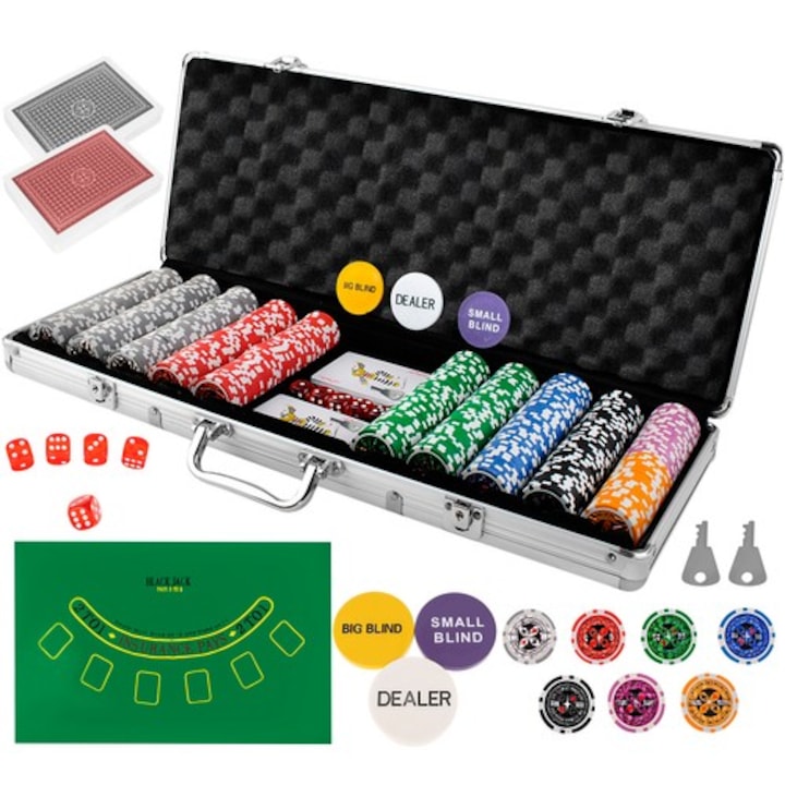 Deluxe XXL комплект за игра на покер, идеален за Texas Holdem с 500 чипа, включва 5 зара, 2 комплекта карти, оборудван с алуминиев калъф