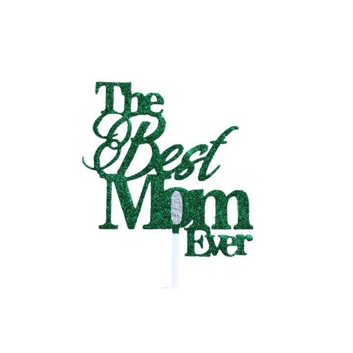 Декорация за торта "The best MOM ever", бяла слонова кост със зелен блясък 18,5 см